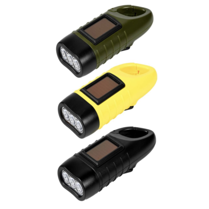 Zaklamp solar + dynamo + karabijnhaak 3ass. kleur